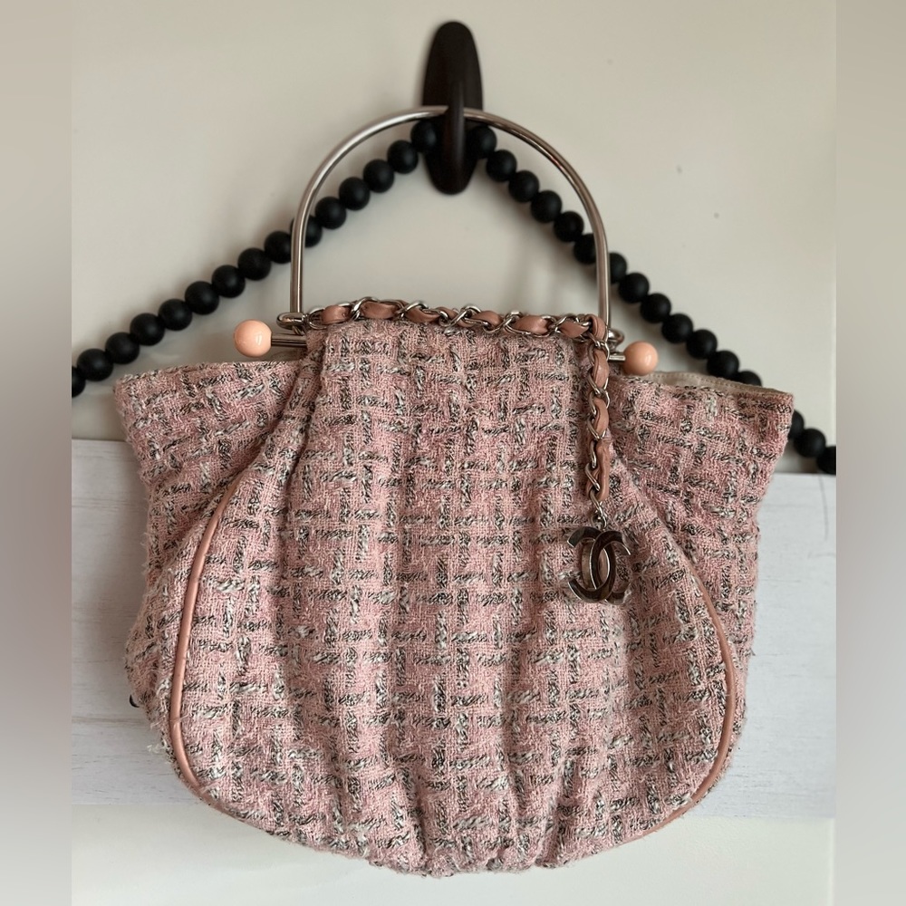 CHANEL Bag Boucle Tweed Pink Lagerfeld Runway Coco CC Purse Vintage Runway RARE